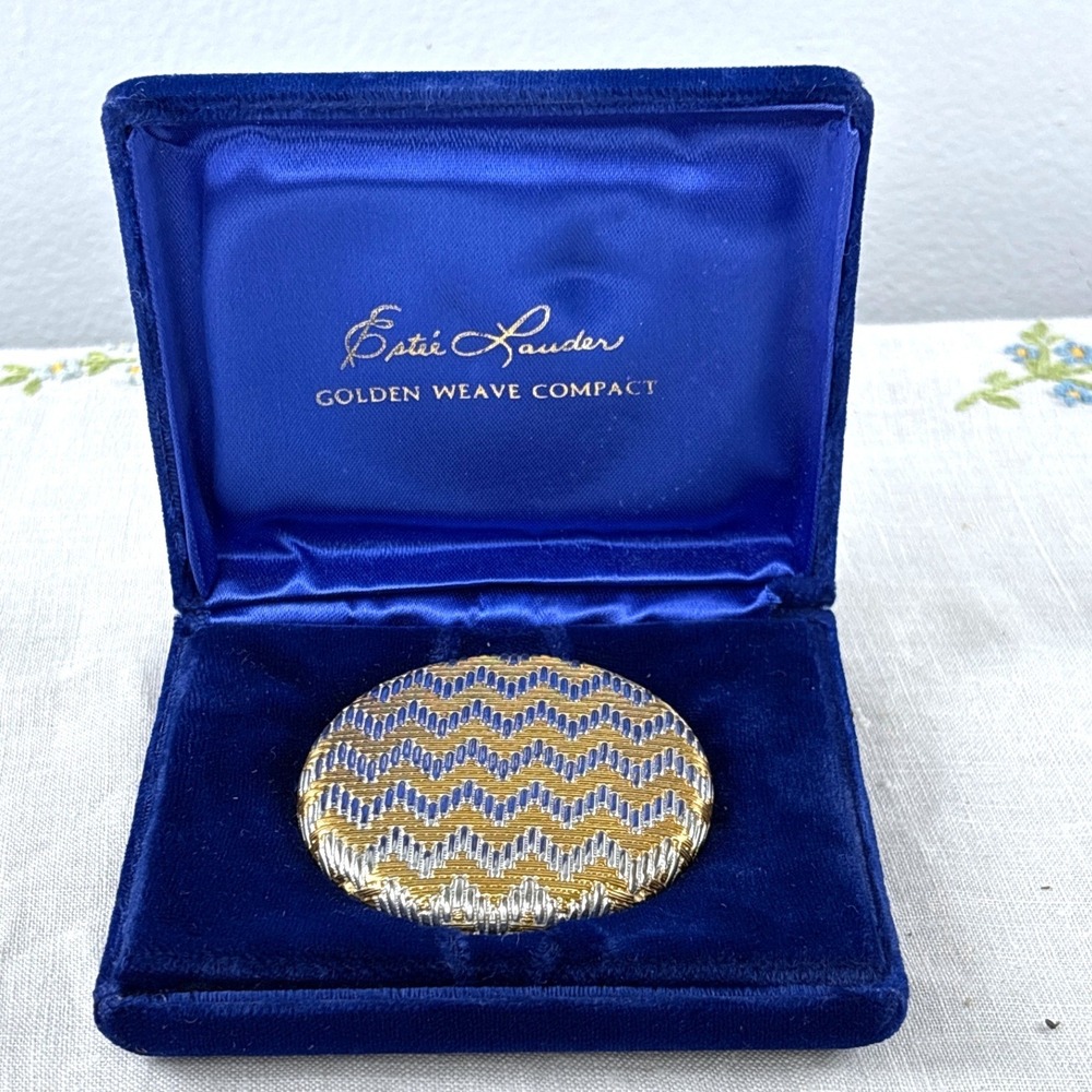 Vintage Estee Lauder Golden Weave Compact Gold Silver Chevron Two Tone with Box